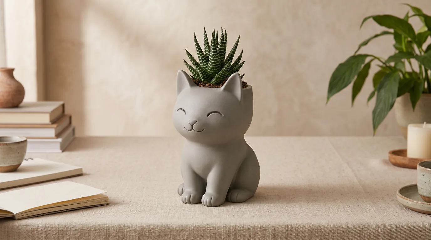 Maceta con forma de gato impresa en 3D, en gris, con una suculenta, sobre una mesa